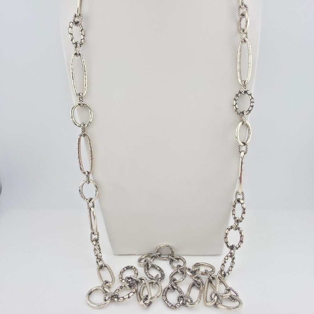 BRIGHTON 'Pebble' Long / Layer Necklace Hammered Oversized Link Silver Plate 38" - Picture 4 of 10